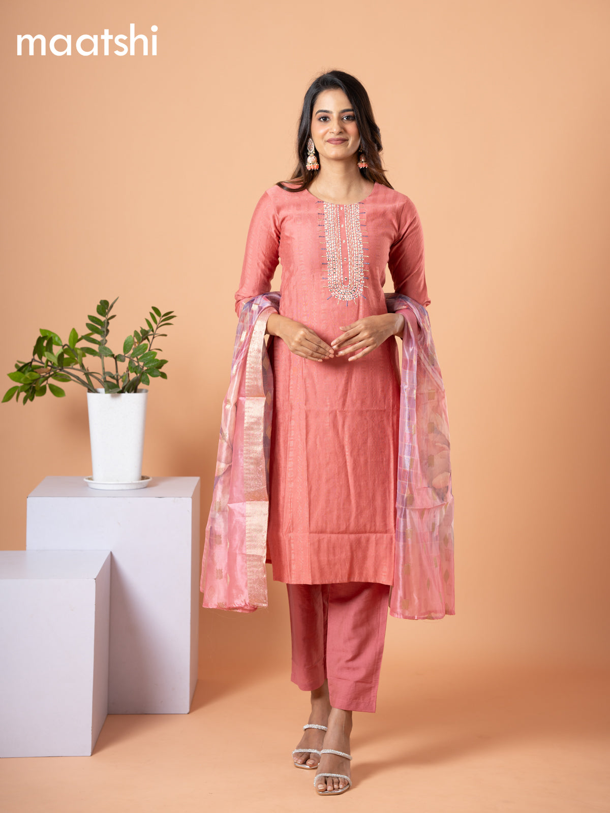 Cotton salwar suit peach shade with self emboss & embroidery mirror work neck pattern and straight cut pant & banarasi dupatta