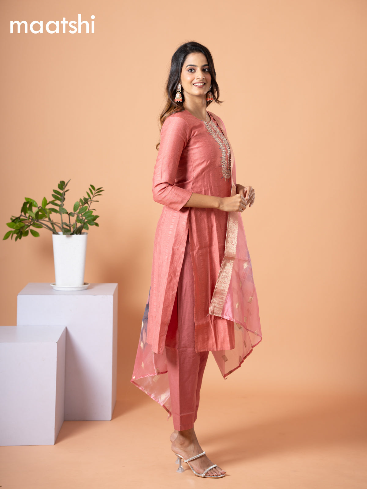 Cotton salwar suit peach shade with self emboss & embroidery mirror work neck pattern and straight cut pant & banarasi dupatta