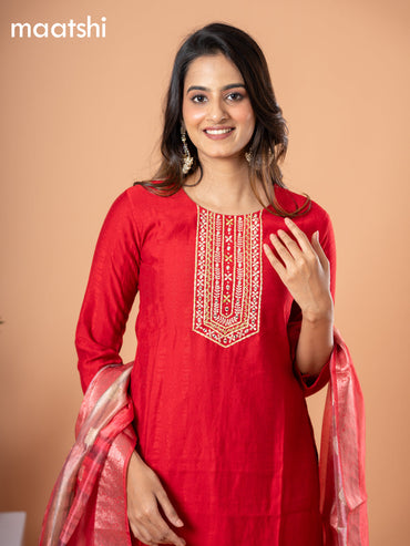 Cotton salwar suit red with self emboss & embroidery mirror work neck pattern and straight cut pant & banarasi dupatta