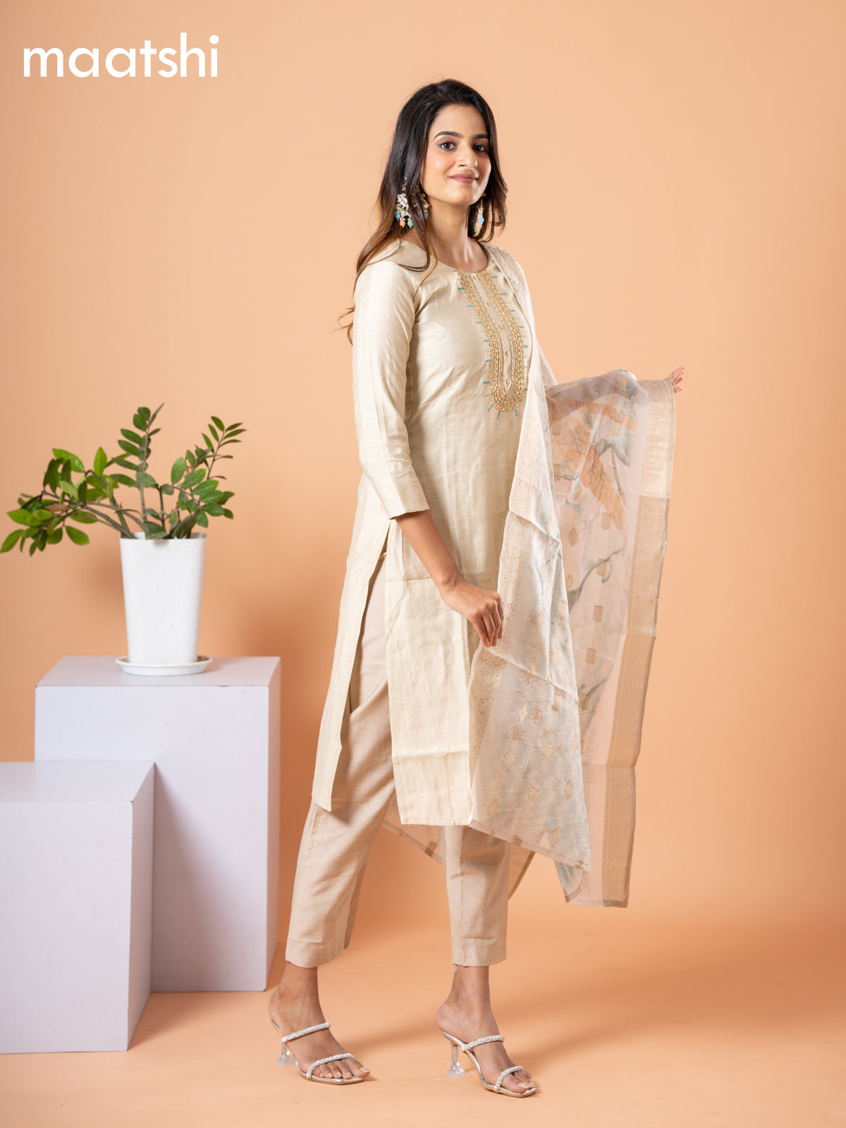 Cotton salwar suit beige and pastel green with self emboss & embroidery mirror work neck pattern and straight cut pant & banarasi dupatta