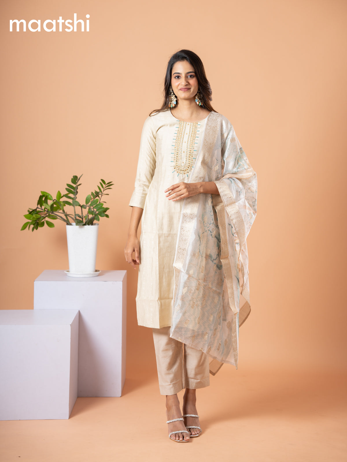 Cotton salwar suit beige and pastel green with self emboss & embroidery mirror work neck pattern and straight cut pant & banarasi dupatta