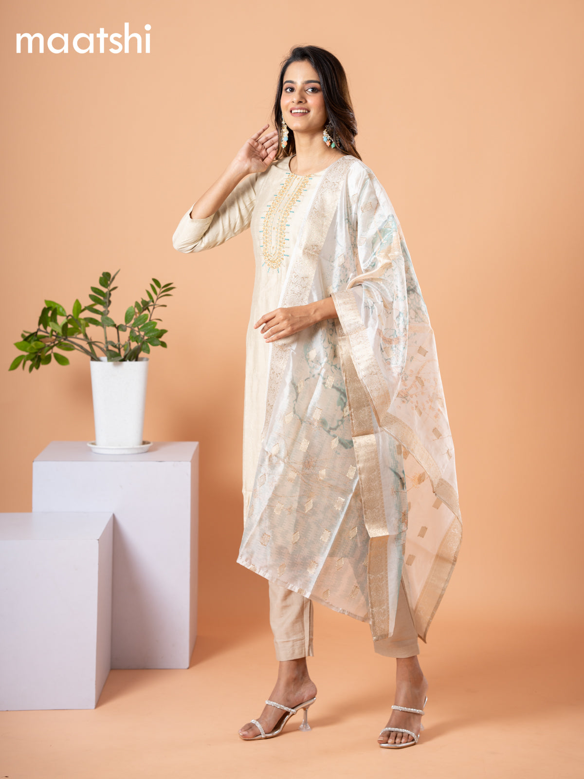 Cotton salwar suit beige and pastel green with self emboss & embroidery mirror work neck pattern and straight cut pant & banarasi dupatta