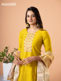 Cotton salwar suit mustard yellow with self emboss & embroidery mirror work neck pattern and straight cut pant & banarasi dupatta