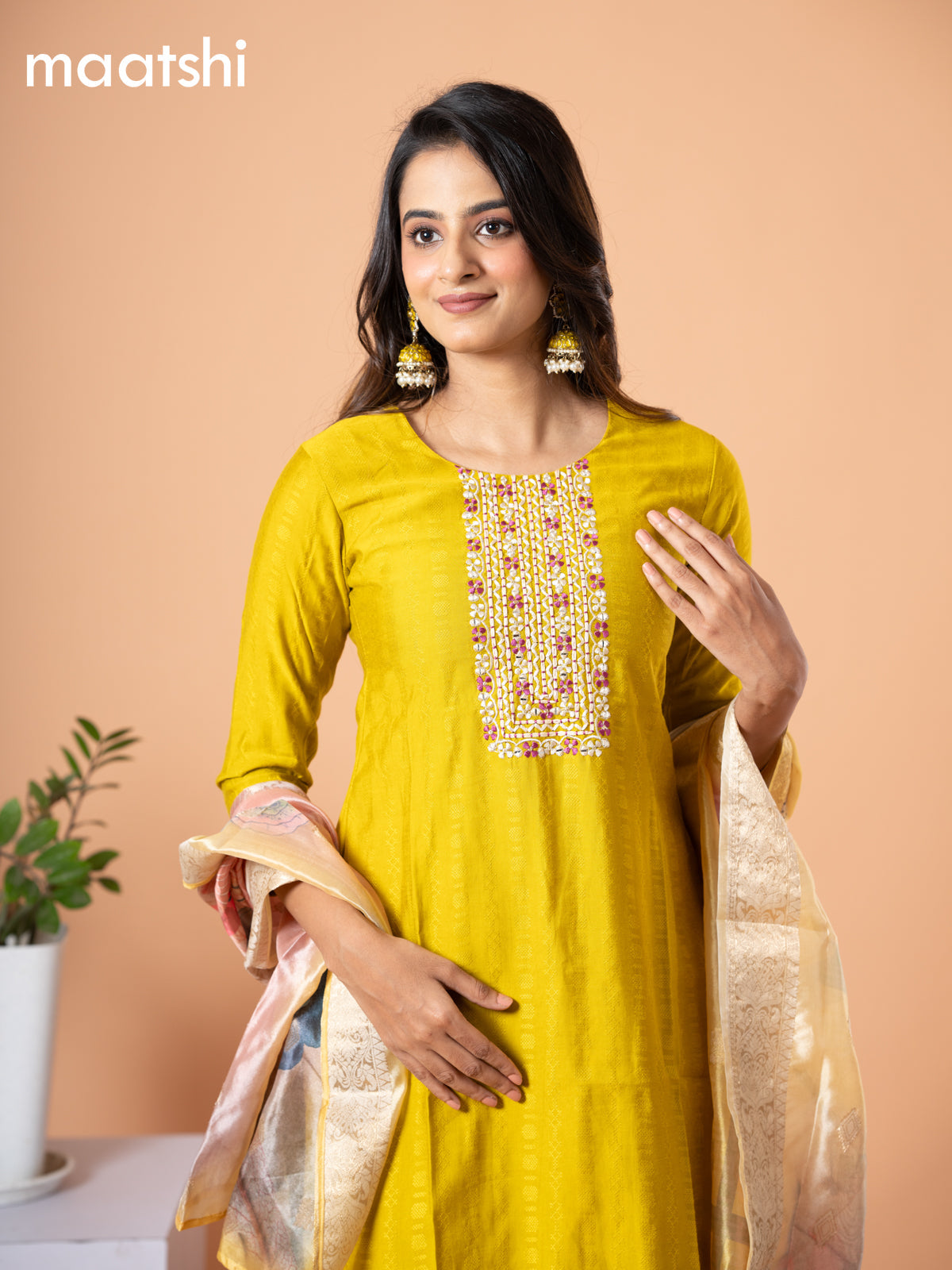 Cotton salwar suit mustard yellow with self emboss & embroidery mirror work neck pattern and straight cut pant & banarasi dupatta