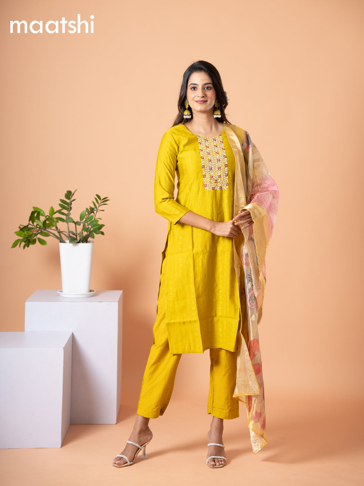 Cotton salwar suit mustard yellow with self emboss & embroidery mirror work neck pattern and straight cut pant & banarasi dupatta