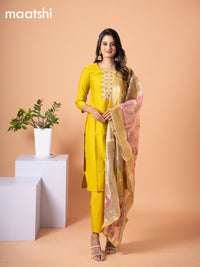 Cotton salwar suit mustard yellow with self emboss & embroidery mirror work neck pattern and straight cut pant & banarasi dupatta