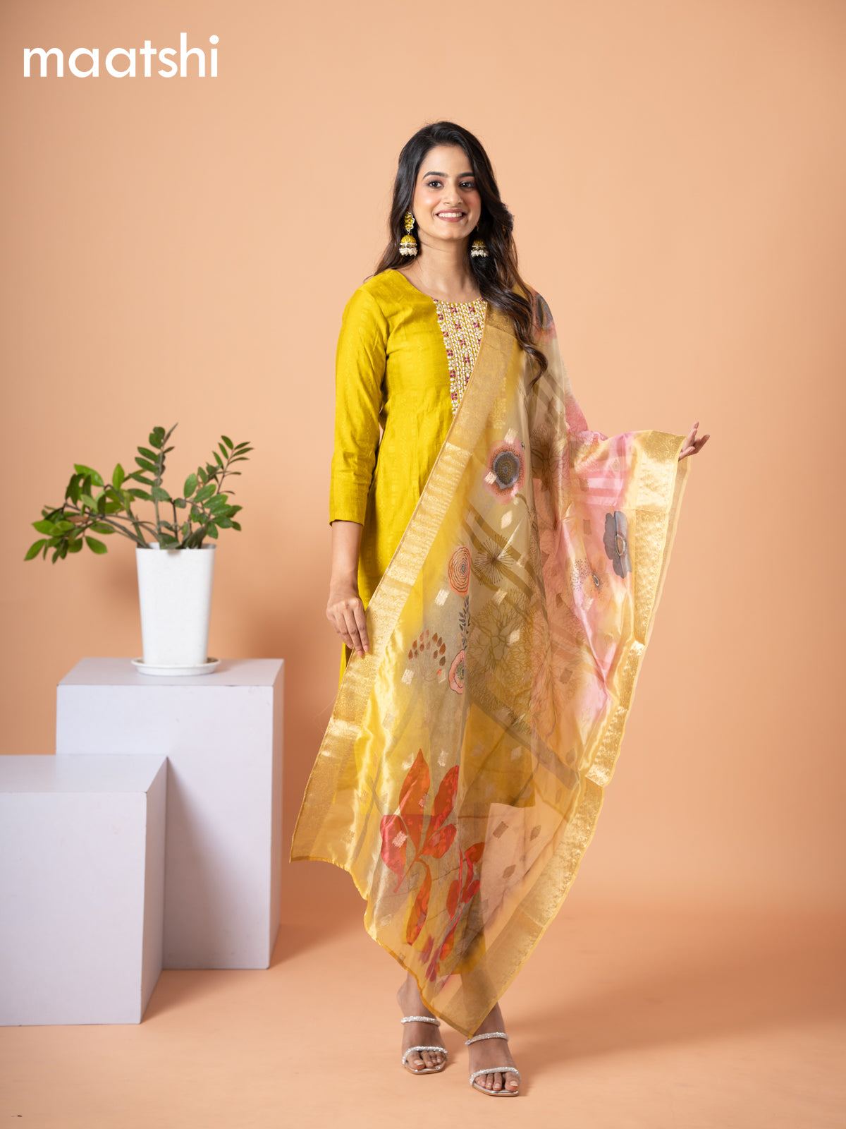 Cotton salwar suit mustard yellow with self emboss & embroidery mirror work neck pattern and straight cut pant & banarasi dupatta