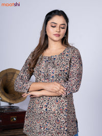 Kalamkari cotton short kurti grey and beige with allover prints & lace work neck pattern without pant