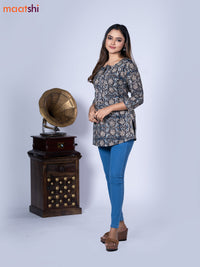 Kalamkari cotton short kurti black and beige with allover prints & lace work neck pattern without pant