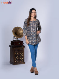 Kalamkari cotton short kurti black and beige with allover prints & lace work neck pattern without pant