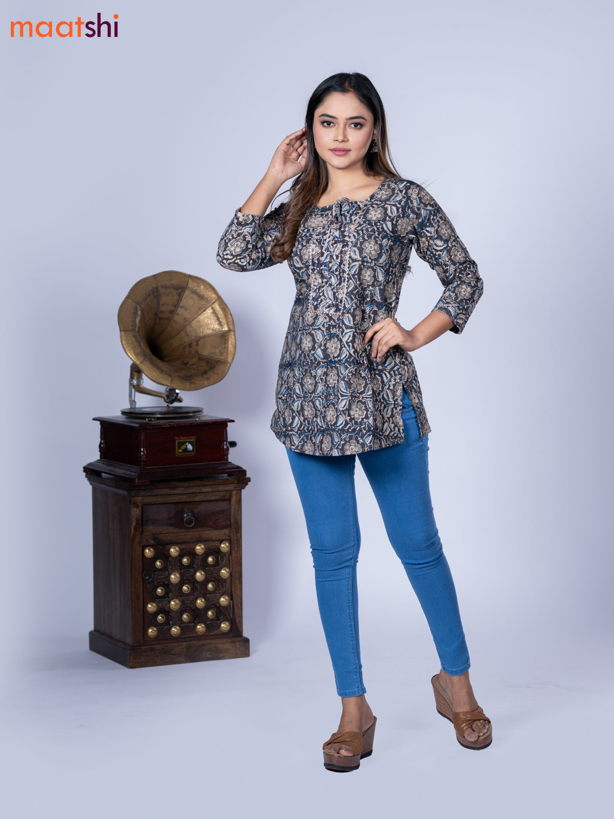 Kalamkari cotton short kurti black and beige with allover prints & lace work neck pattern without pant