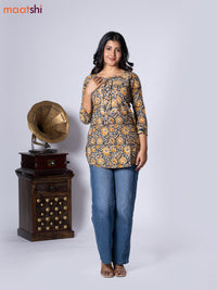 Kalamkari cotton short kurti multi colour and yellow shade with allover prints & lace work neck pattern without pant