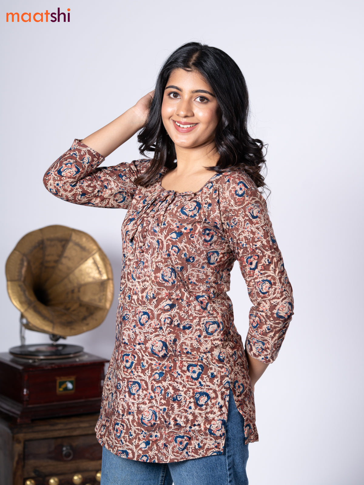 Kalamkari cotton short kurti brown and beige with allover prints & lace work neck pattern without pant