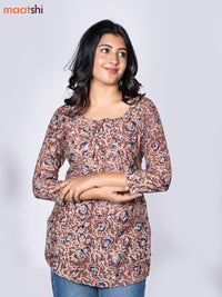 Kalamkari cotton short kurti brown and beige with allover prints & lace work neck pattern without pant