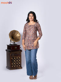 Kalamkari cotton short kurti brown and beige with allover prints & lace work neck pattern without pant