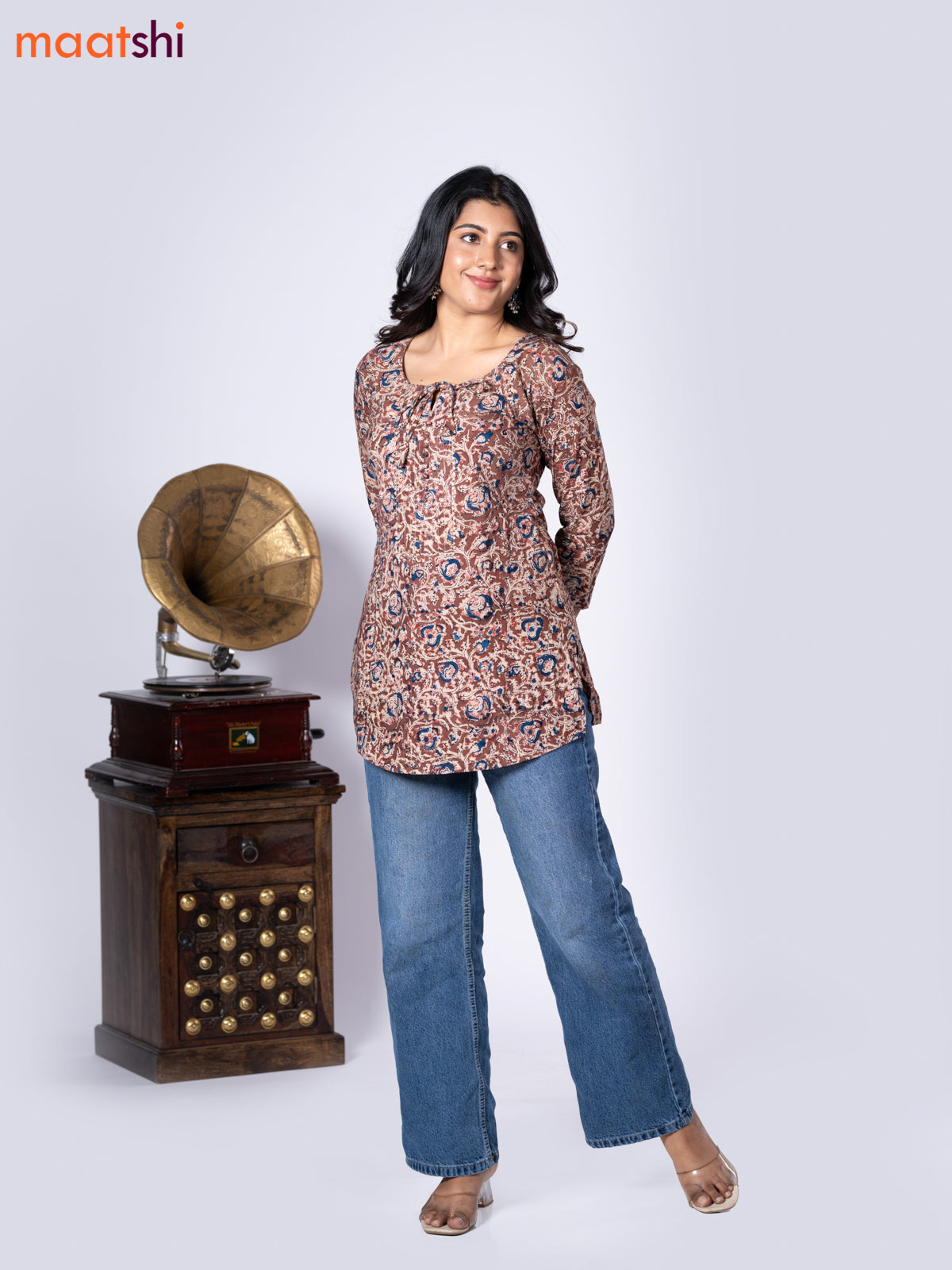 Kalamkari cotton short kurti brown and beige with allover prints & lace work neck pattern without pant