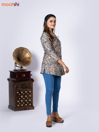 Kalamkari cotton short kurti black and beige with allover prints & lace work neck pattern without pant