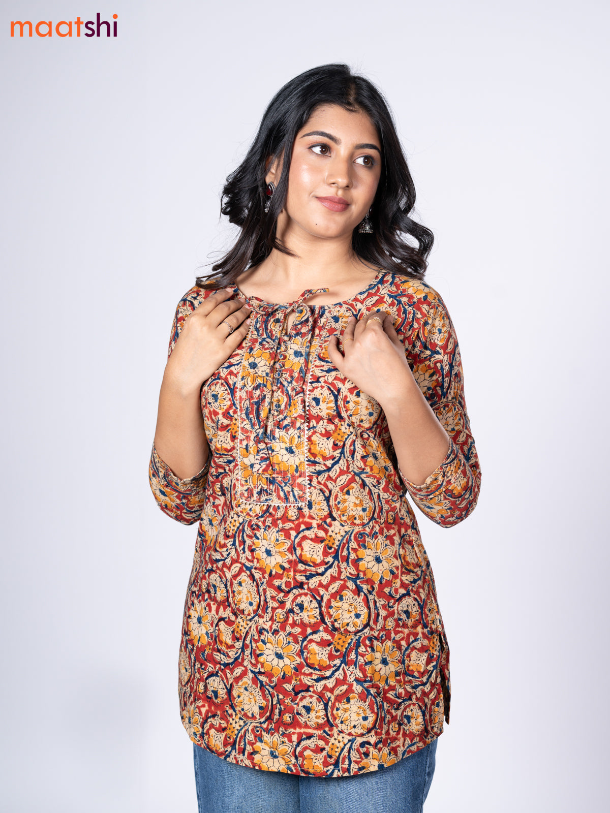 Kalamkari cotton short kurti maroon and beige with allover prints & lace work neck pattern without pant