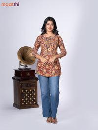 Kalamkari cotton short kurti maroon and beige with allover prints & lace work neck pattern without pant