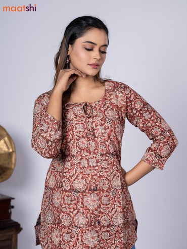 Kalamkari cotton short kurti rustic brown and beige with allover prints & lace work neck pattern without pant