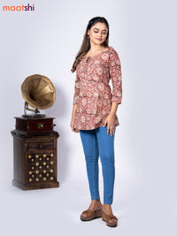 Kalamkari cotton short kurti rustic brown and beige with allover prints & lace work neck pattern without pant