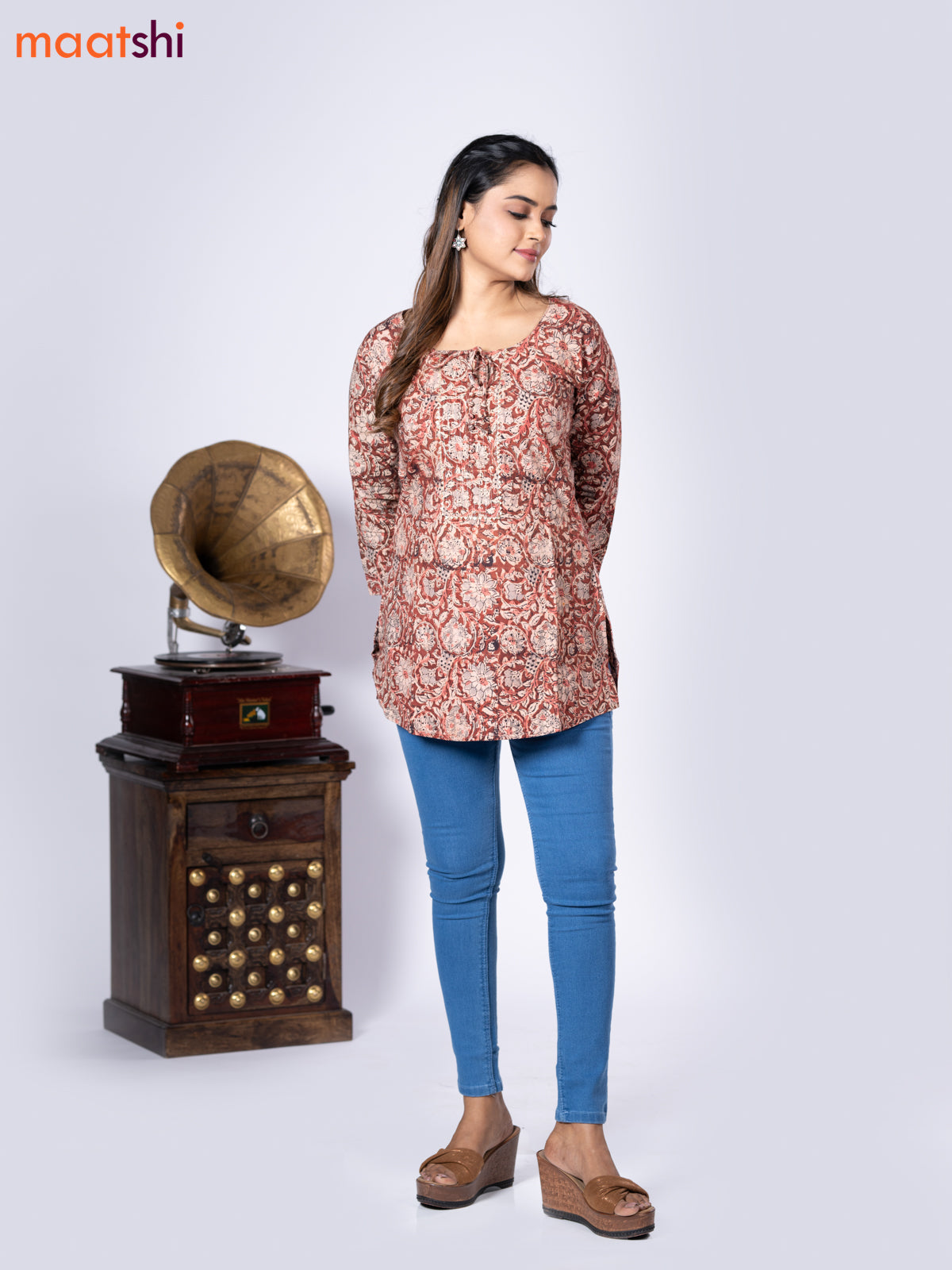 Kalamkari cotton short kurti rustic brown and beige with allover prints & lace work neck pattern without pant