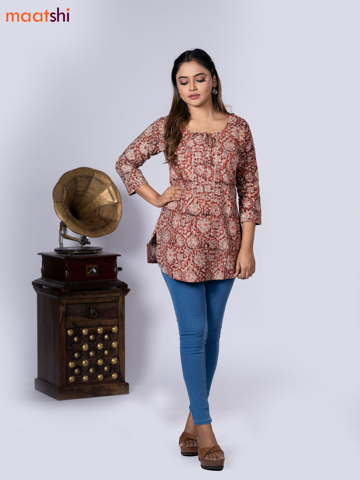 Kalamkari cotton short kurti rustic brown and beige with allover prints & lace work neck pattern without pant