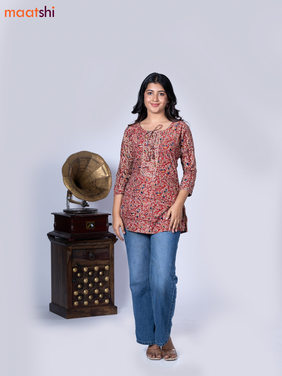 Kalamkari cotton short kurti maroon with allover prints & lace work neck pattern without pant