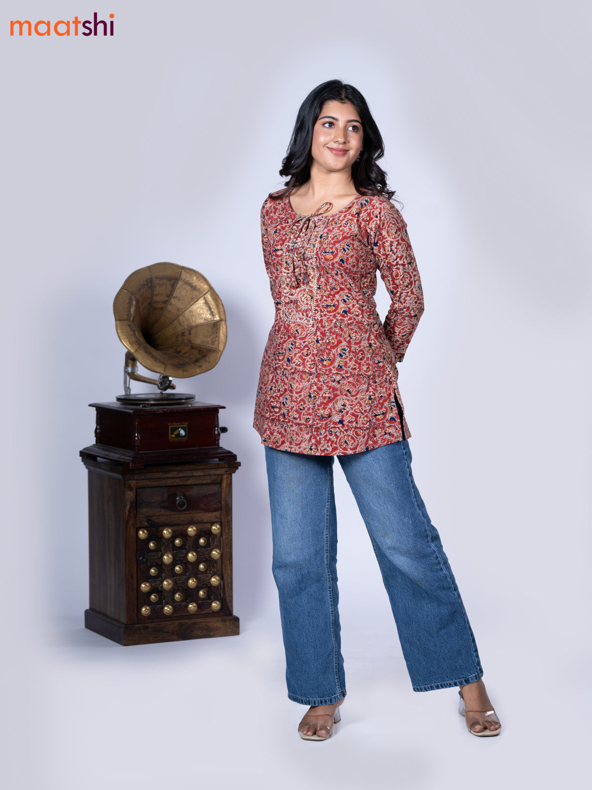 Kalamkari cotton short kurti maroon with allover prints & lace work neck pattern without pant