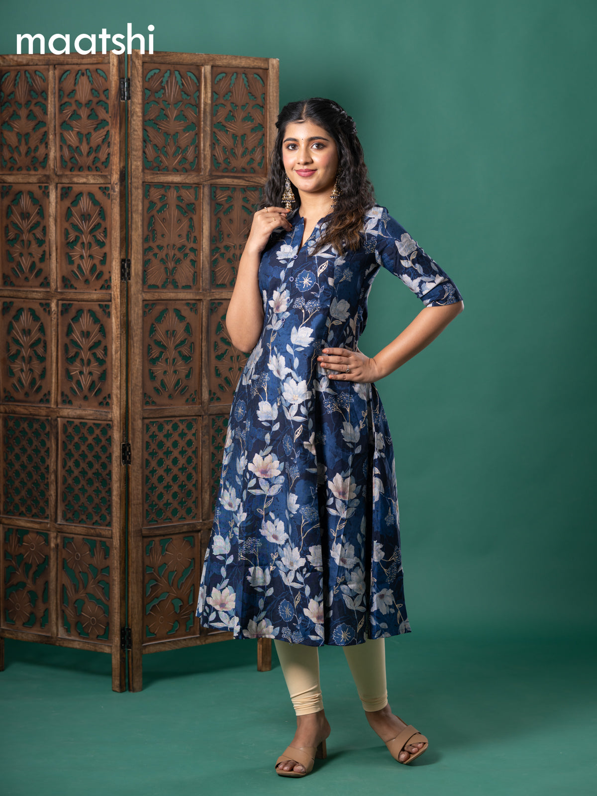 Rayon readymade anarkali kurti dark blue with floral digital prints & simple neck pattern without bottom