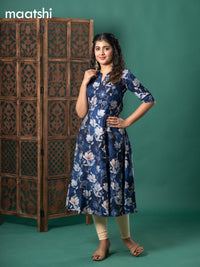 Rayon readymade anarkali kurti dark blue with floral digital prints & simple neck pattern without bottom