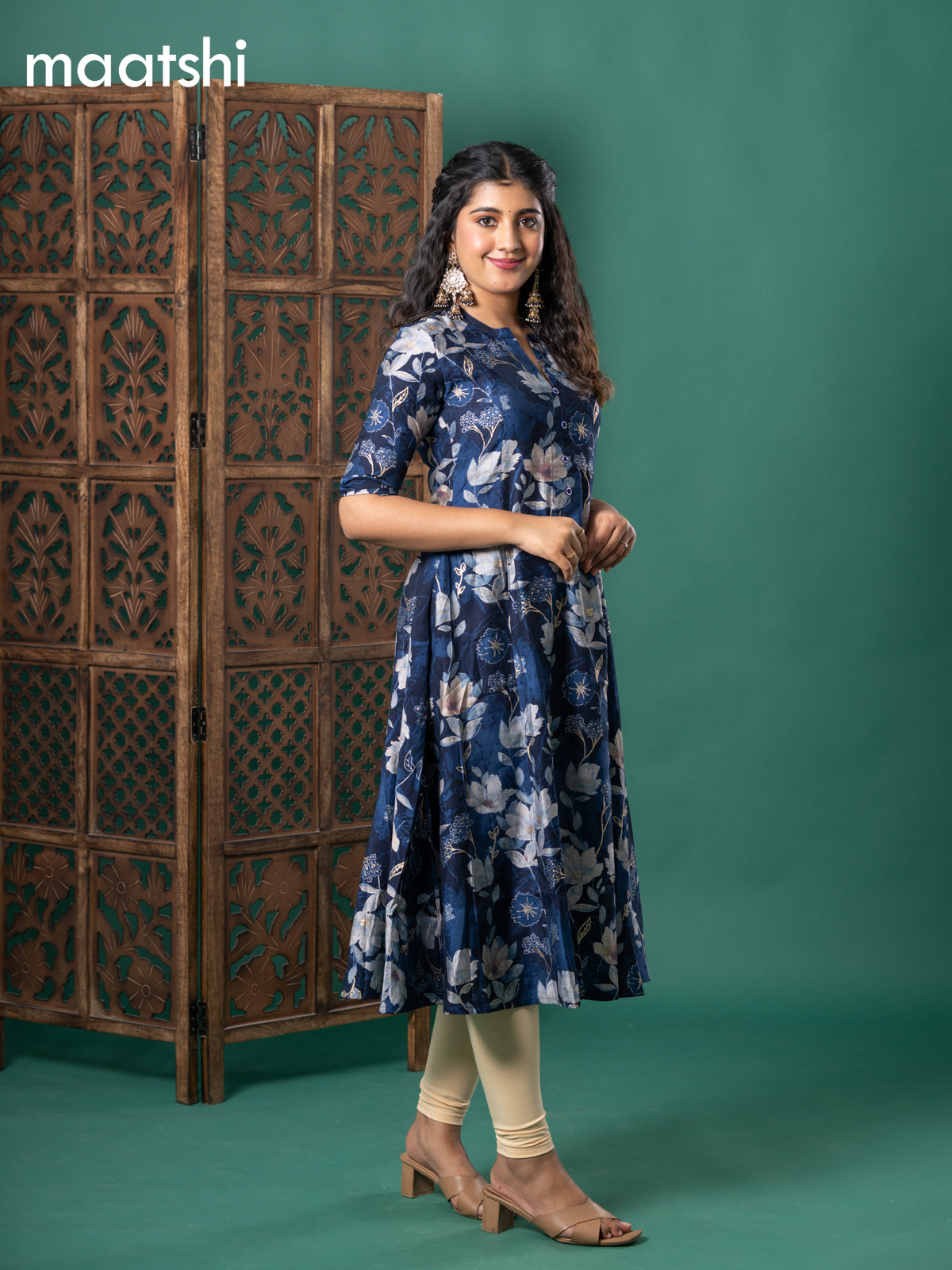 Rayon readymade anarkali kurti dark blue with floral digital prints & simple neck pattern without bottom