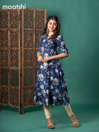 Rayon readymade anarkali kurti dark blue with floral digital prints & simple neck pattern without bottom