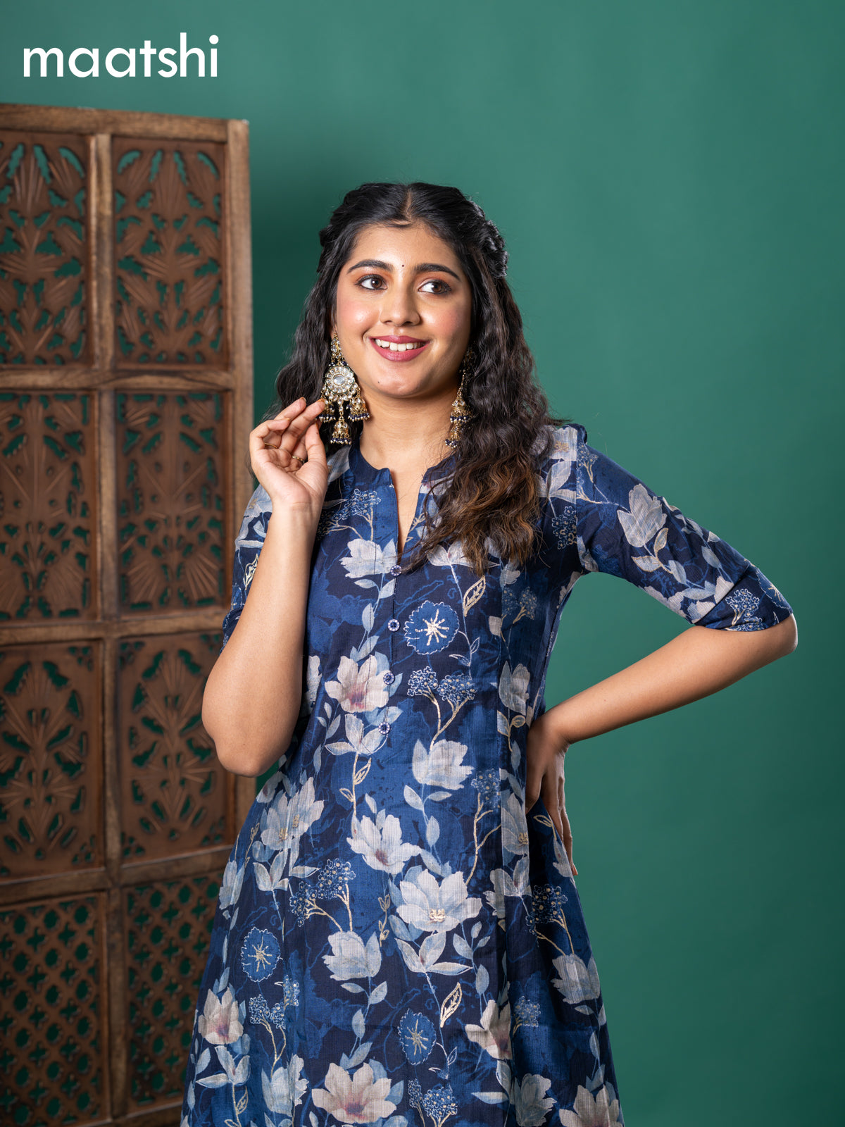 Rayon readymade anarkali kurti dark blue with floral digital prints & simple neck pattern without bottom