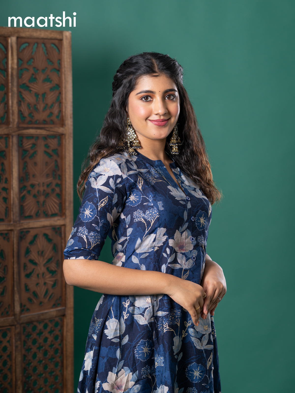 Rayon readymade anarkali kurti dark blue with floral digital prints & simple neck pattern without bottom