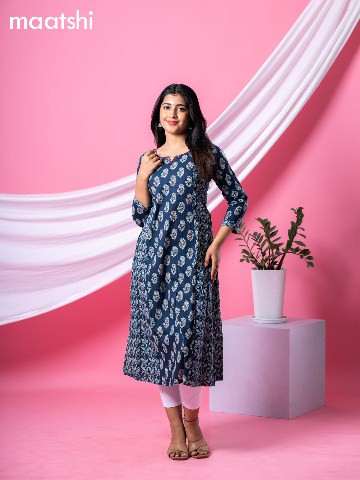 Cotton readymade A-line kurti navy blue with allover floral buttas & embroidery work neck pattern without bottom