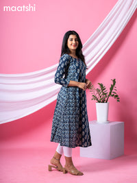 Cotton readymade A-line kurti navy blue with allover floral buttas & embroidery work neck pattern without bottom