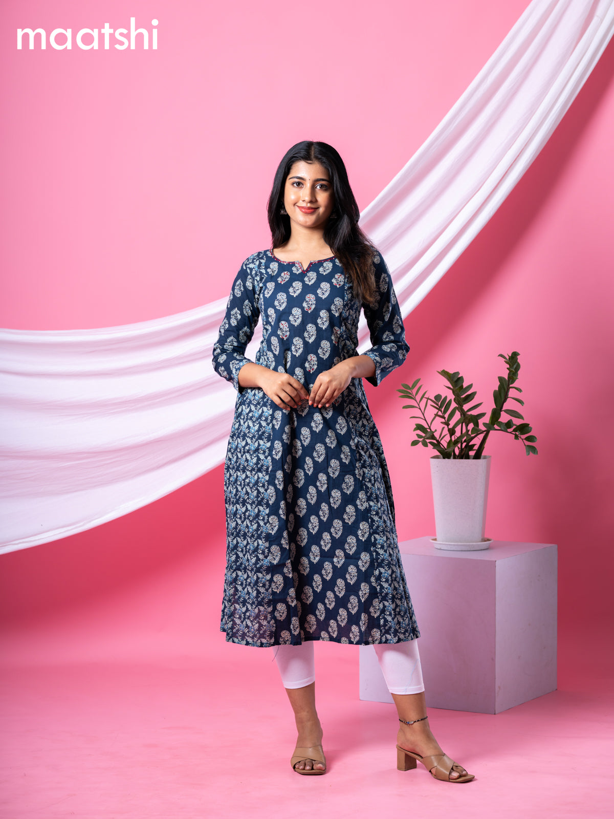 Cotton readymade A-line kurti navy blue with allover floral buttas & embroidery work neck pattern without bottom