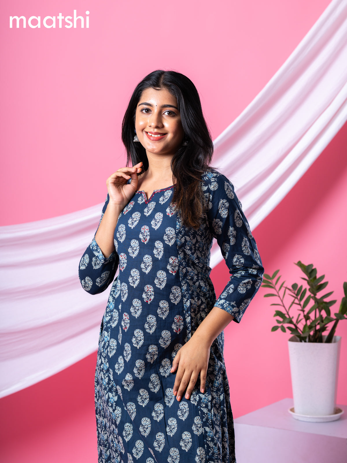 Cotton readymade A-line kurti navy blue with allover floral buttas & embroidery work neck pattern without bottom