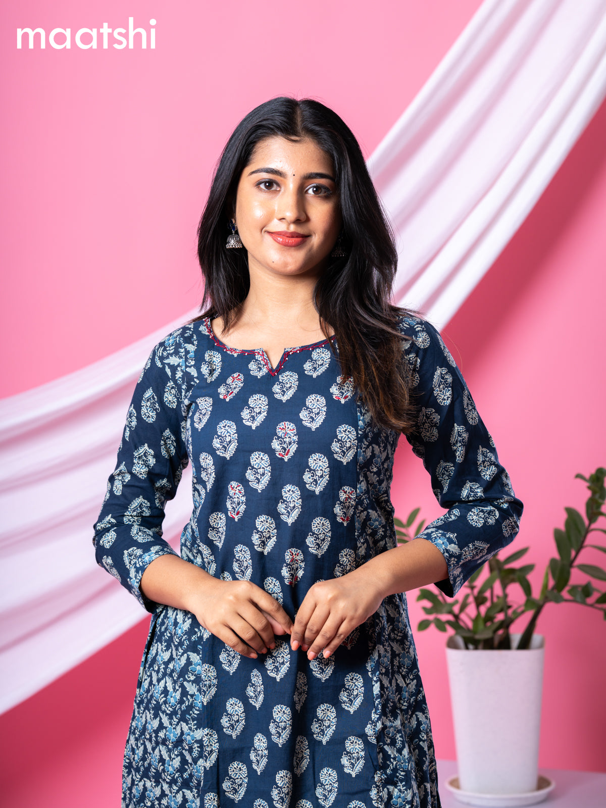 Cotton readymade A-line kurti navy blue with allover floral buttas & embroidery work neck pattern without bottom