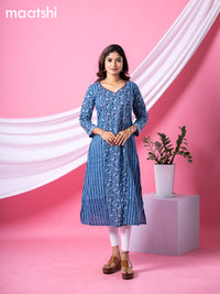 Cotton readymade A-line kurti navy blue and light blue woth allover prints & embroidery sequin work neck pattern without bottom