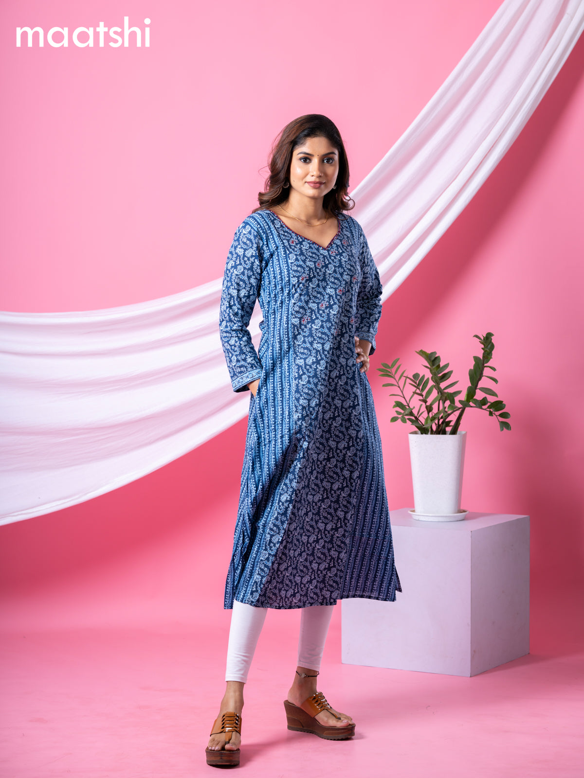 Cotton readymade A-line kurti navy blue and light blue woth allover prints & embroidery sequin work neck pattern without bottom