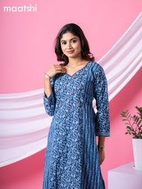 Cotton readymade A-line kurti navy blue and light blue woth allover prints & embroidery sequin work neck pattern without bottom