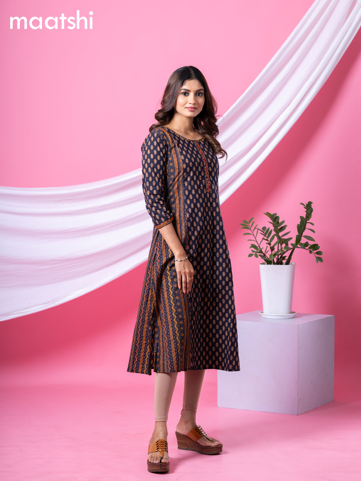 Cotton readymade A-line kurti dark navy blue with allover floral buttas & embroidery sequin work neck pattern without bottom