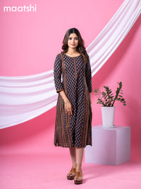 Cotton readymade A-line kurti dark navy blue with allover floral buttas & embroidery sequin work neck pattern without bottom