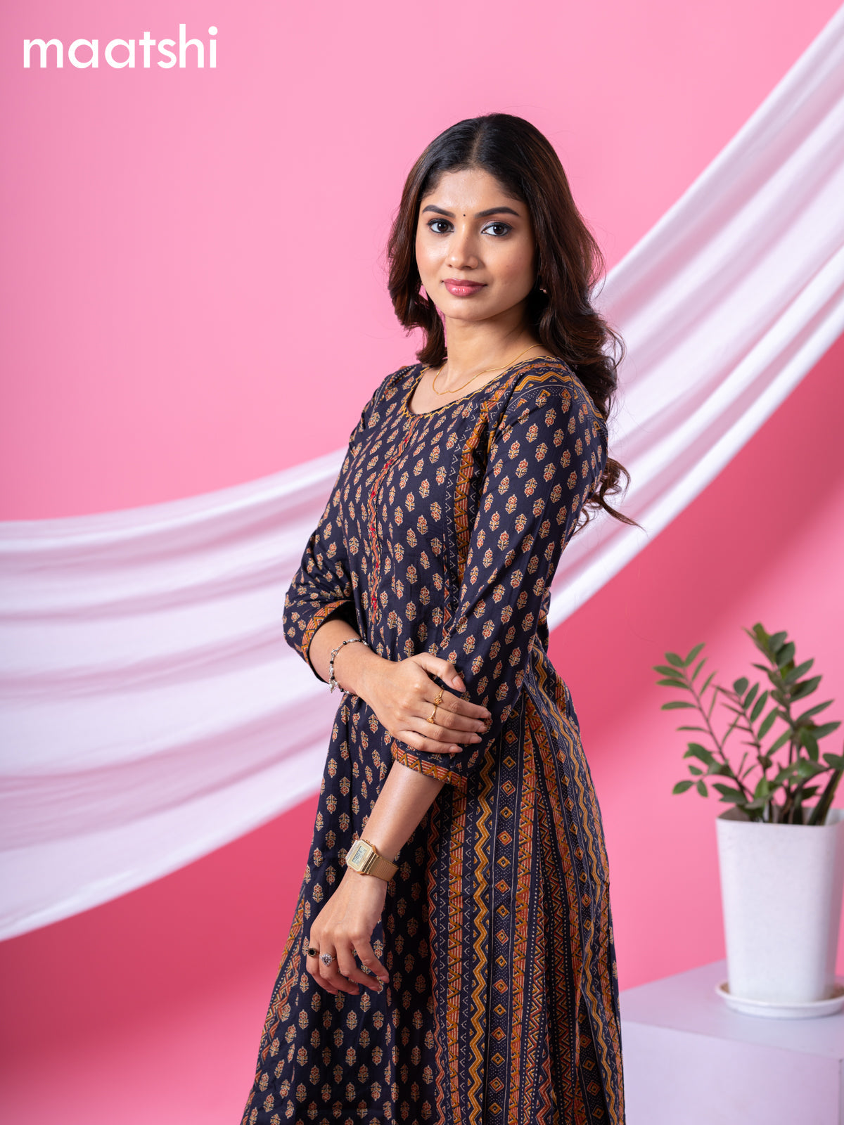 Cotton readymade A-line kurti dark navy blue with allover floral buttas & embroidery sequin work neck pattern without bottom