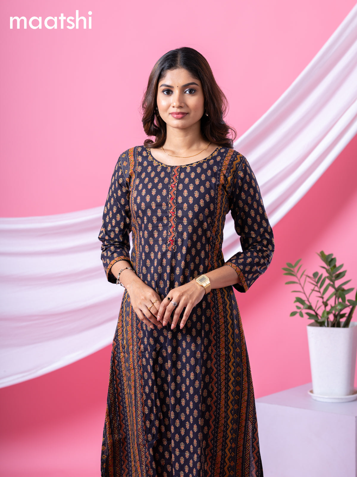 Cotton readymade A-line kurti dark navy blue with allover floral buttas & embroidery sequin work neck pattern without bottom