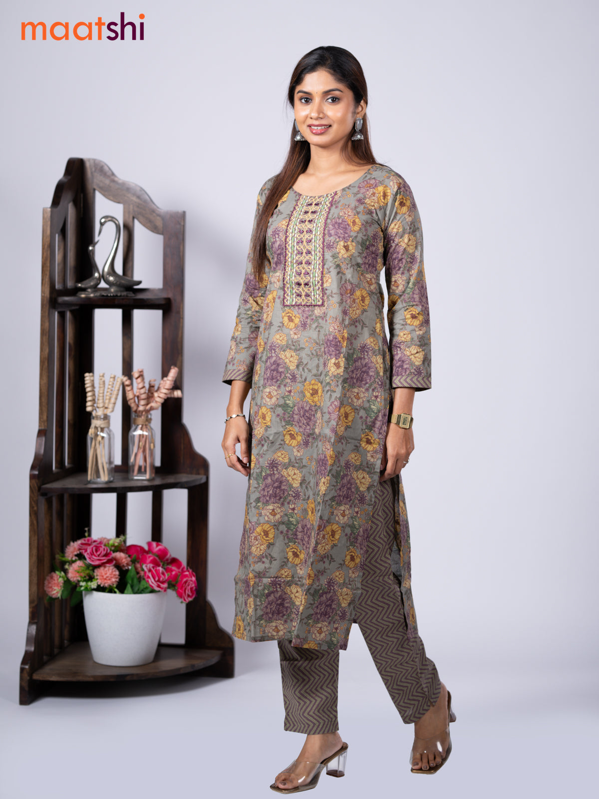 Cotton readymade kurti set grey and pastel purple with allover floral prints & embroidery mirror work neck pattern and straight cut pant