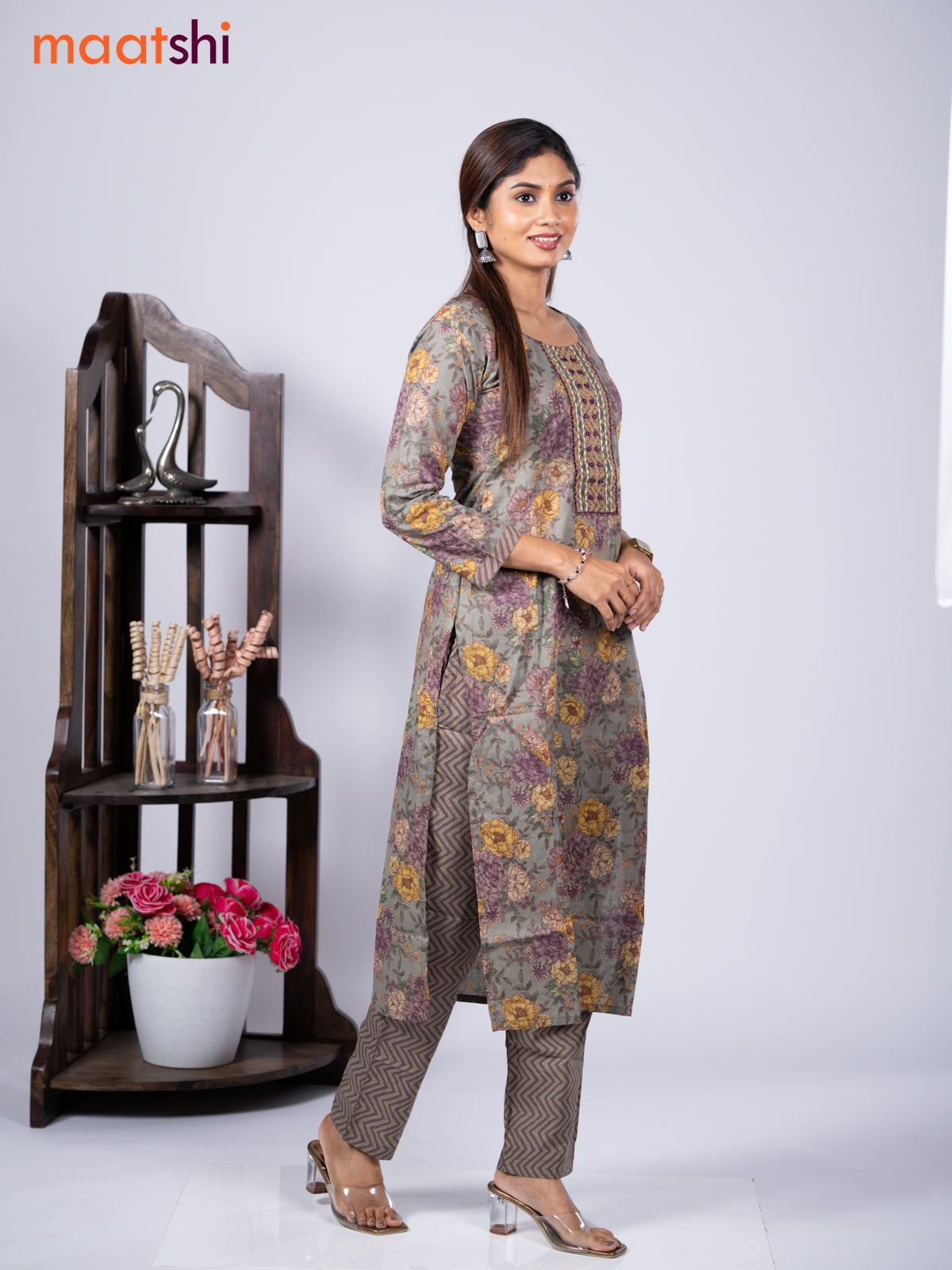 Cotton readymade kurti set grey and pastel purple with allover floral prints & embroidery mirror work neck pattern and straight cut pant