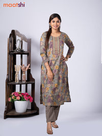 Cotton readymade kurti set grey and pastel purple with allover floral prints & embroidery mirror work neck pattern and straight cut pant